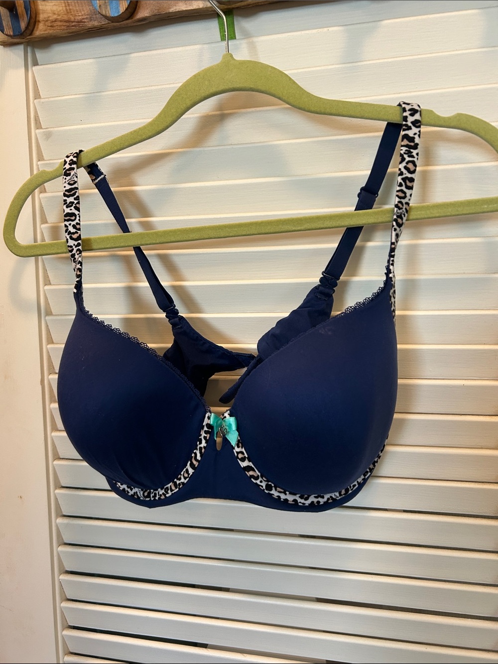 Victoria's Secret Navy Push-Up Bra with Leopard-Print Trim and Teal Bow